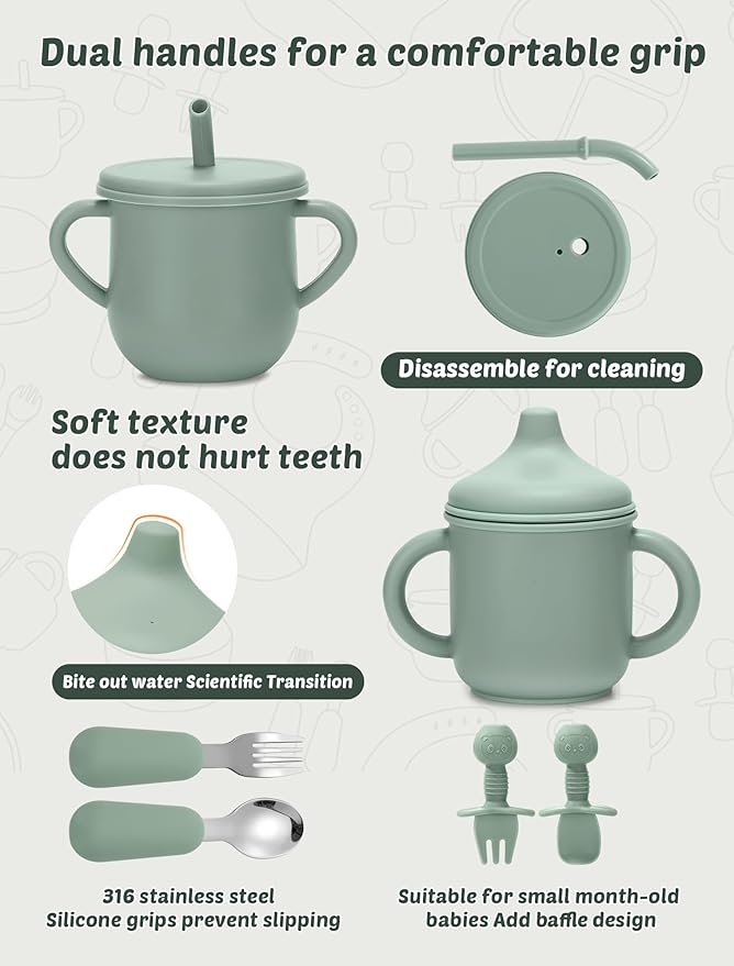 Silicone Baby Feeding Set, 18PCS Baby Led Weaning Supplies, Eating Essentials Utensils with Suction Plate and Bowl, Adjustable Silicone Bib, for 6+ Months (Pink+Green)