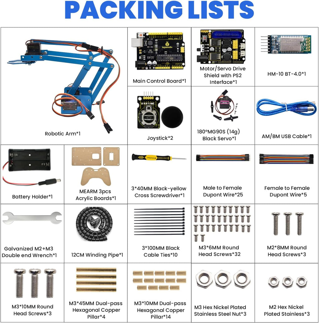 KEYESTUDIO Robot Arm Starter Kit for Arduino,4DOF Electronic Coding Robotics Arm DIY Set for Kids Adults to Learn Robotics,Support PS2 Joypad Control,Remote Control by Android/iOS APP