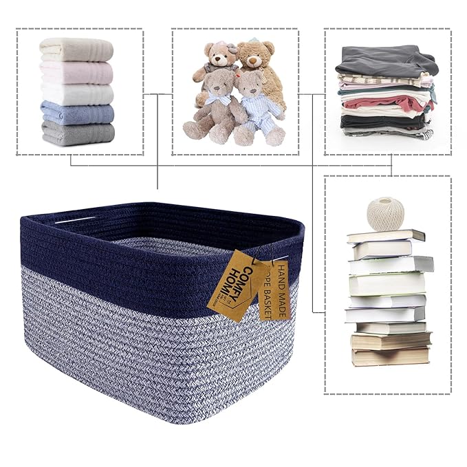 COMFY-HOMI 3PACK Rectangular Cotton Rope Basket With Handles for Shelves|Dog Toy|Baby Gift - Dark Blue (13.5" x 11" x 9.5")