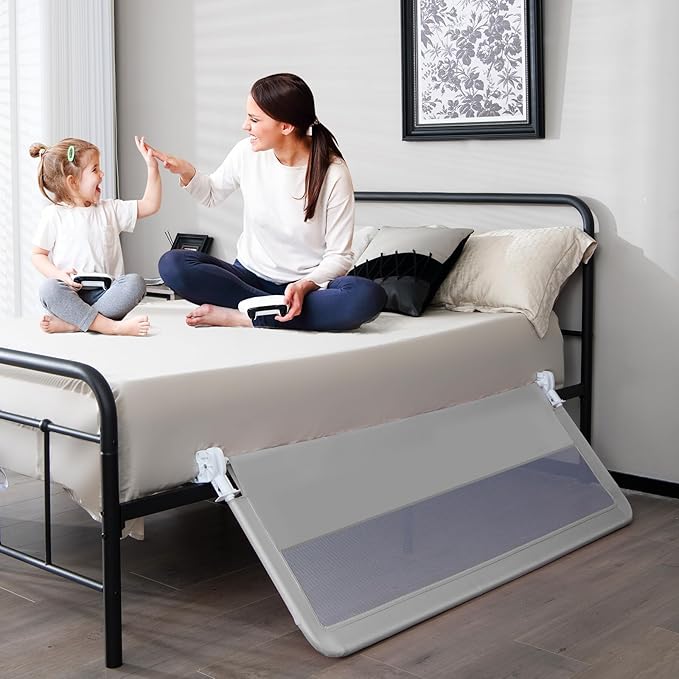 INFANS Bed Rail for Toddlers, 58" Foldable Safety Baby Crib Rail Fit for Kids Twin, Extra Long Swing Down Bed Guardrail for Convertible Crib, Queen, Full, King Mattress Side Guard (Light Gray)