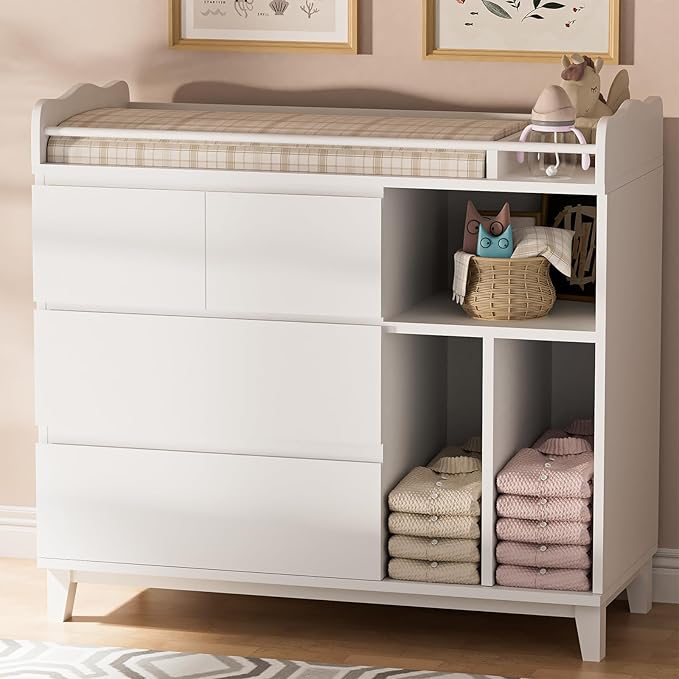 Nursery Dresser with Changing Table Top, Tall Changing Table Dresser of Bedroom, Wooden Dressers & Chests of Drawers, 4 Drawers with 2 Open Shelves, White
