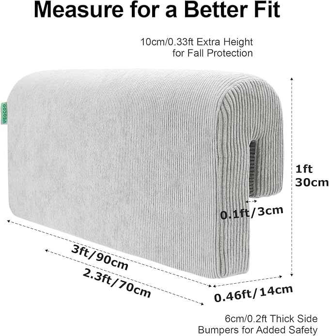 Bed Rail Bumpers Protector, Hospital Bed Rails Padding, Loft Beds and Bunk Beds Bumpers Protector, Premium Soft Memory Foam - Anti-Bump | Fall Prevention, Size 27.6 x 5.5 x 11.8 Inches, Gray