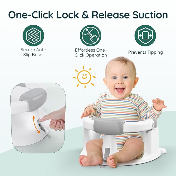 Baby Bath Seat Baby Bathtub - with Strong Suction Cups and 360° Surround Support – Easy Release, Non-Slip Cushion, Lockable Armrests – Infant Bath Chair for Babies 6-24 Months, Grey