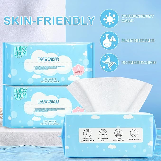 Dry Wipes - HAPPY BUM Baby Wipes, Large Baby Wipes, Wet and Dry Use, Unscented Tissues for Sensitive Skin (600 Count)
