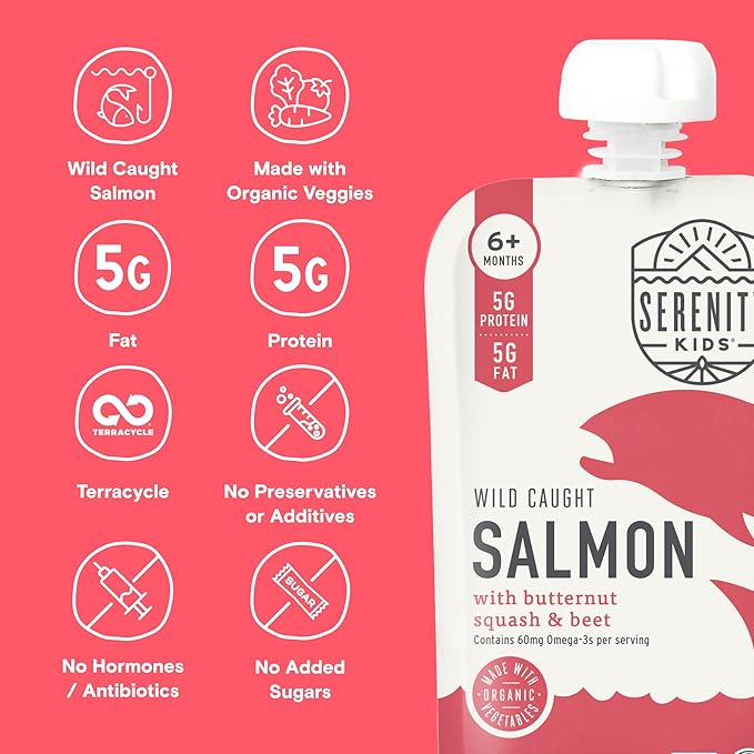 Serenity Kids 6+ Months Baby Food Pouches Puree Made With Ethically Sourced Meats & Organic Veggies | 3.5 Ounce BPA-Free Pouch | Wild Caught Salmon, Butternut Squash, Beet | 1 Count