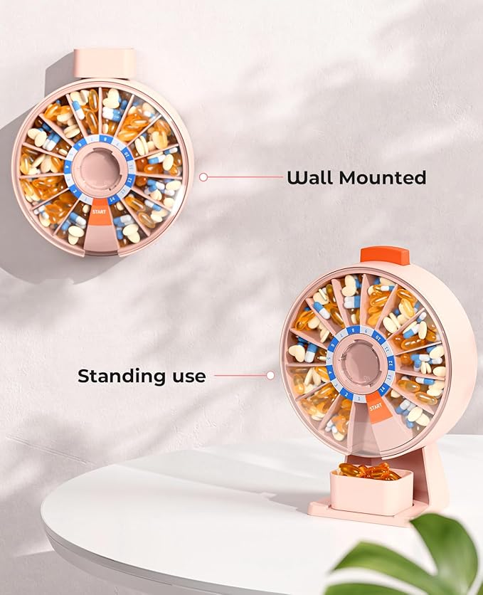 Daviky Pill Dispenser Daily, Large Pill Organizer with Wall-Mounted or Standing Use, 14 Days Pill Container, Push Button Design, Weekly Pill Box for Vitamin, Medicine,Supplement, Fish Oil(Pink)