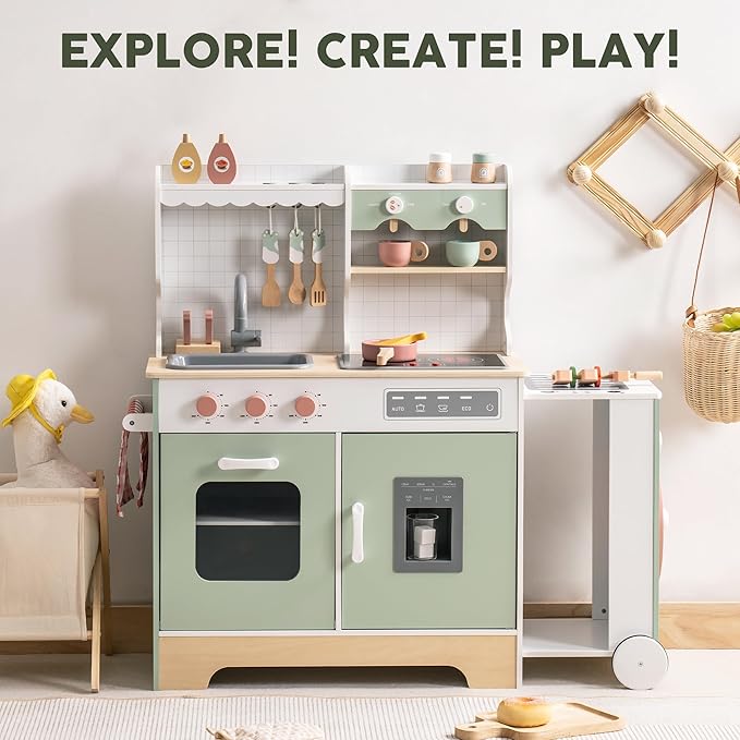ROBOTIME Wooden Play Kitchen for Kids, Pretend Kitchen Set with Ice Maker, BBQ, Lights & Sounds, Toy Kitchen for Toddlers Ages 3+, Kitchen for Boys and Girls