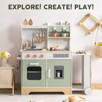 ROBOTIME Wooden Play Kitchen for Kids, Pretend Kitchen Set with Ice Maker, BBQ, Lights & Sounds, Toy Kitchen for Toddlers Ages 3+, Kitchen for Boys and Girls