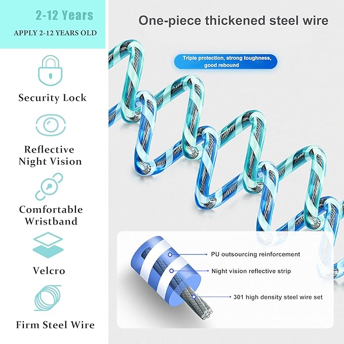 Toddler Harness Walking Leash- Child Anti Lost Wrist Link - Child Safety Harness - Upgrade with Reflective(6.5ft) - for Boys and Girls,Not Easy to Open Without Key (Cyan)