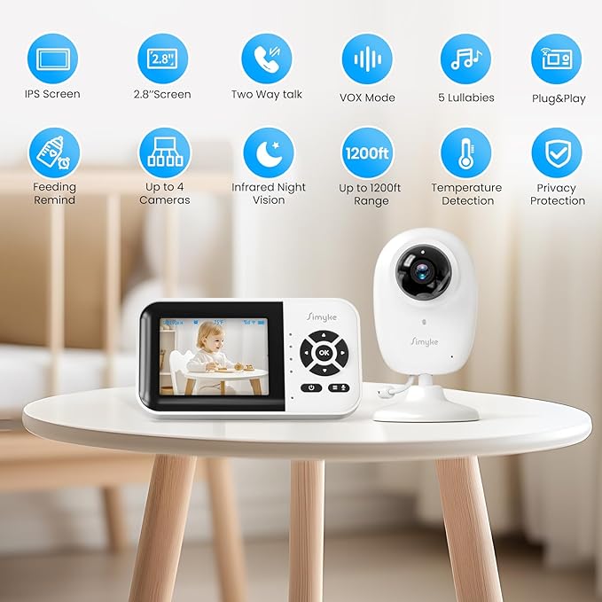Smart Video Baby Monitor,2.8" Display & 1080p Camera,WiFi/No WiFi Modes,Cry Detection,2-Way Audio Talk,VOX/ECO,Feeding Timer,Temperature Sensor,Night Vision,8 Lullabies, Supports 4 Cameras