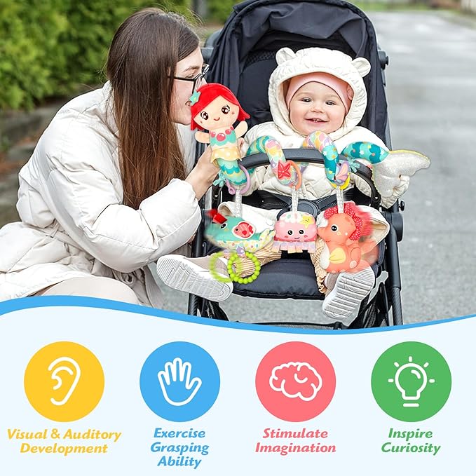 Carseat Toys Hanging Car Seat Toys for Babies 0-6 Months Boy Girl, Mermaid Stroller Toy Newborn Infant Sensory Baby Toy 0-6 Months with Music Rattle Teether, Gift for 0 3 6 9 12 Months