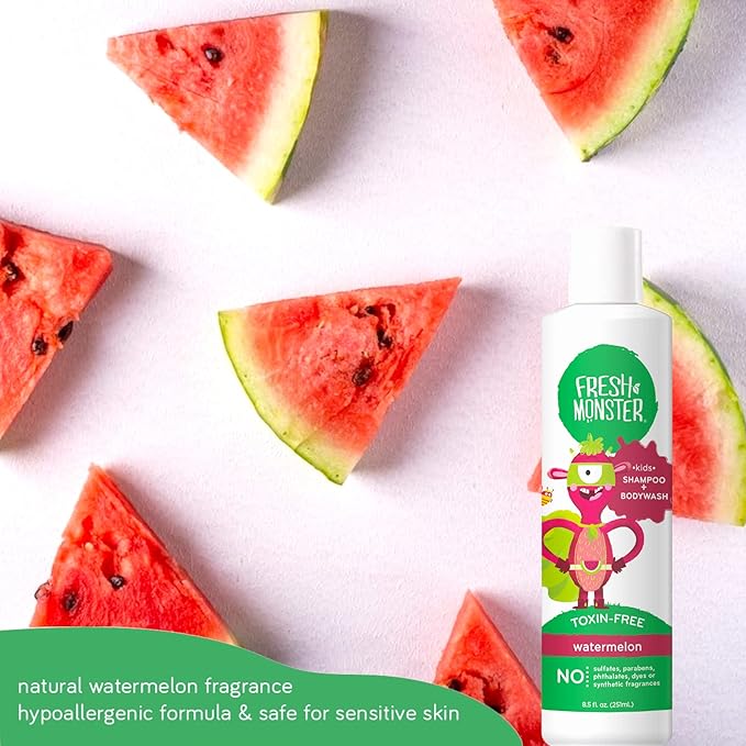 Fresh Monster 2-in-1 Shampoo & Body Wash, Toxin-Free, Hypoallergenic, Natural for Children, Watermelon - 2 Pack, 8.5oz/Each