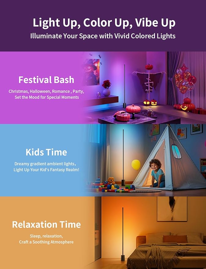 Ailofy Corner Floor Lamp, 1500lm RGBW Corner Lamp Work with Alexa & Google Assistant, 16 Million DIY Colors, Sync with Music, App Control, Modern LED Floor Lamp for Living Room & Bedroom, Black