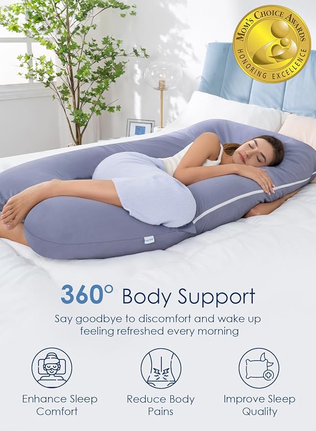 QUEEN ROSE Pregnancy Pillow, U Shaped Full Body Pillows for Sleeping Support, 55 Inch Maternity Pillow for Pregnant Women with Cooling Silky Cover, Blue