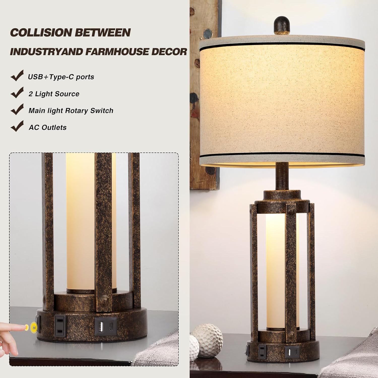 Farmhouse Industrial Lamp with USB A+C Charging Ports & AC Outlet, 26" Vintage Rustic Retro Table Lamp with Glass LED Night Light & Linen Fabric Shade for Living Room Bedrooms Single(2 Bulbs Included)