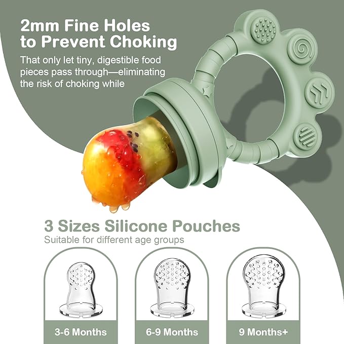2 Pack Baby Fruit Food Feeder + Breastmilk Popsicle Molds,Baby Teethers,BPA Free,3 Sizes,2mm Fine Holes to Prevent Choking,Perfect for Teething Relief & Infant Solid Food Introduction,3 M+ (Sage/Grey)