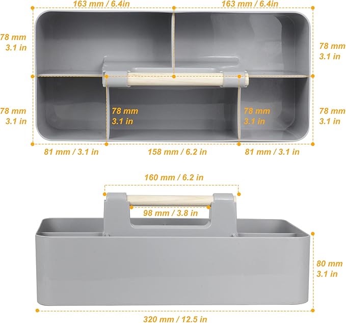 Baby Shower Caddy Plastic Nursery Portable Storage Organizer Caddy Tote for Child/Kids, Divided Basket Bin with Wood Handle for Bathroom, Dorm Room, Holdsn Bottles, Spoons, Gray
