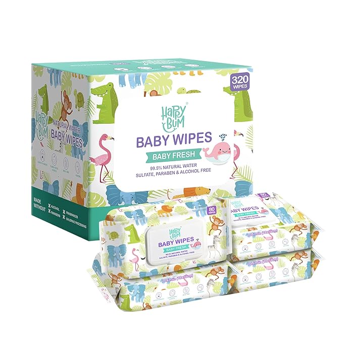 HAPPY BUM Sensitive Water Baby Diaper Wipes, Baby Wipes, Unscented, 4 Flip-top packs (320 Wipes Total)