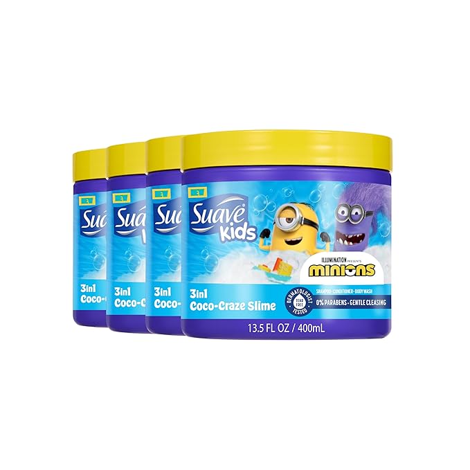 Suave Kids Minions Coco-Craze Slime 3-In-1 Shampoo, Conditioner, and Body Wash, For Tear-Free and Gentle Cleansing, 13.5 oz, 4 Pack