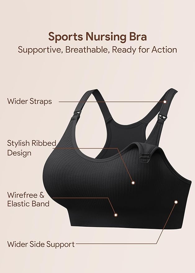 Angelhood Nursing Bras for Breastfeeding, Ribbed Nursing Sports Bra Yoga Maternity Bras Pregnancy Sleep Bralette