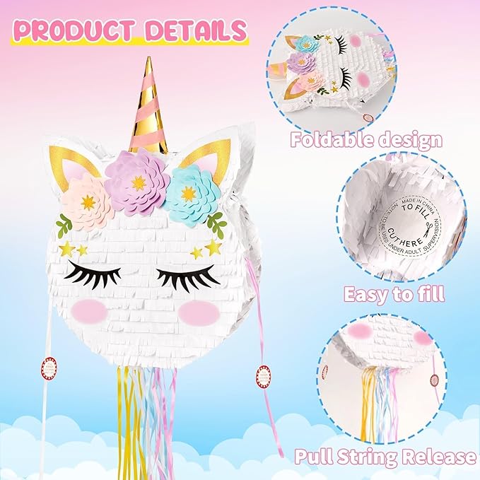 Foldable Unicorn Piñata - Unicorn Birthday Party Supplies Extendable Piñata with Blindfold Bat and Tassels Unicorn Birthday Party Decoration Games Folding Pink Unicorn Piñatas for Kids Classroom Game