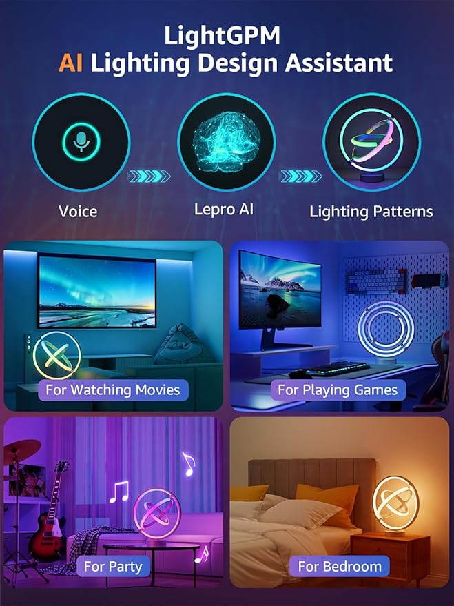 Lepro TB1 AI Smart Table Lamp, RGB+IC Addressable Color Changing Desk Light Alexa Google Enable, Music Sync Unique Cool LED Lamps for Game Room Decor Ambient Lighting, APP Control No Remote, 2.4 GHz