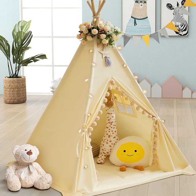 Teepee Tent for Kids with Padded Mat Cotton Canvas Kids Teepee with Pompom for Toddlers Indoor Play Tent for Girls Boys with Stars Lights, Carry Bag, Banner Flag (Cream)