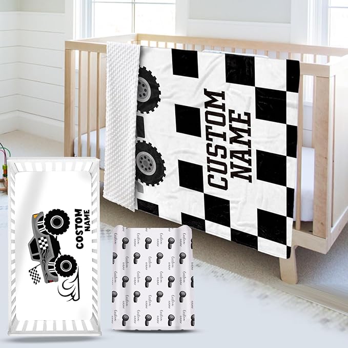 Personalized Baby Crib Bedding Set, Custom Name Pickup Truck Pattern Nursery Bedding Set 3 Pcs, Baby Blanket Fitted Crib Sheet Changing Pad Cover, Personalized Nursery Decor Gift for Newborns Boys