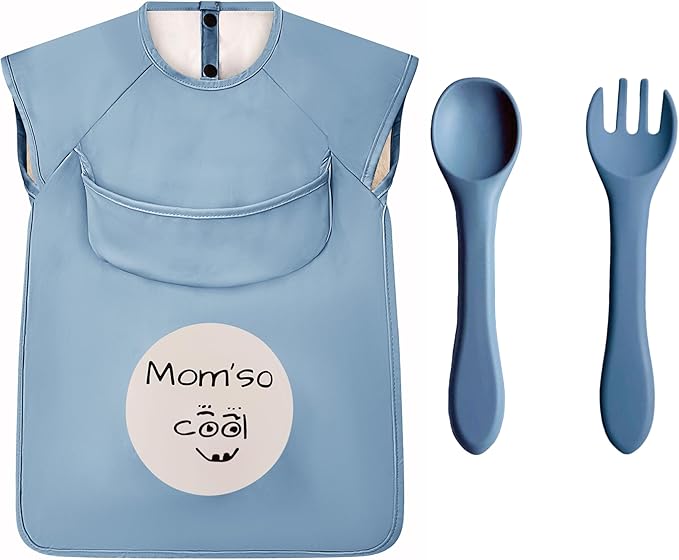 Mom'so cool bib set, Cool baby blue color for both boys & girls, Aged 6-months old and above, Waterproof, Lightweight & Multi-purpose (All-in-one)