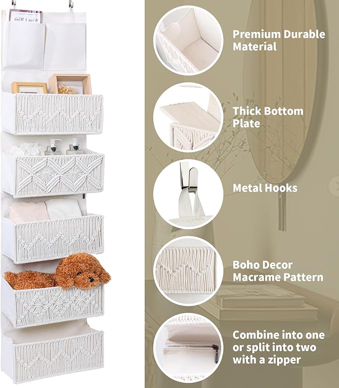 ANTIS'S HOME Over the Door Organizer Macrame Boho Nursery Storage with 5 Large Woven Pockets, Hanging Closet Basket for Bathroom or Nursery, Behind the Door Storage Organizer