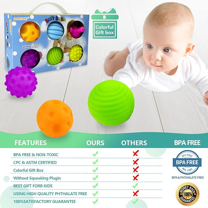 Sensory Ball for Babies 6 to 12 Months, Baby Balls for Toddlers 1-3 Massage Stress Relief, Textured Multi Sensory Balls Gift Sets, Montessori Sensory Toys 6 Spikey Squeeze Ball for Infant Kids