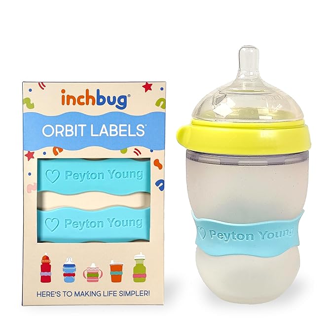 InchBug Orbit Labels Baby Bottle and Water Bottle Silicone Name Bands – Personalized Reusable Label Set for Daycare, Sippy Cups, Preschool, Elementary School, Dishwasher Safe, 4-Pack (Tropical Lagoon)
