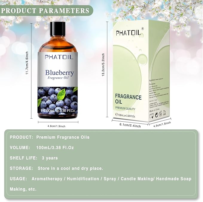 PHATOIL 3.38FL.OZ Blueberry Fragrance Oils for Aromatherapy, Essential Oils for Diffusers for Home, Perfect for Diffuser, Yoga, Skin Care, DIY Candle and Soap Making - 100ml