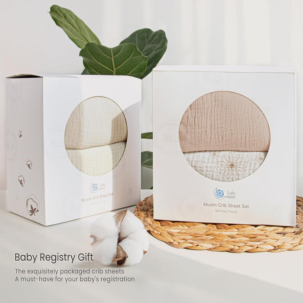 lulumoon Baby Muslin Crib Sheets - Toddler Cotton Fitted Crib Sheets Neutral for Boys and Girls 2Pack (Nudepink Daisy, Crib)