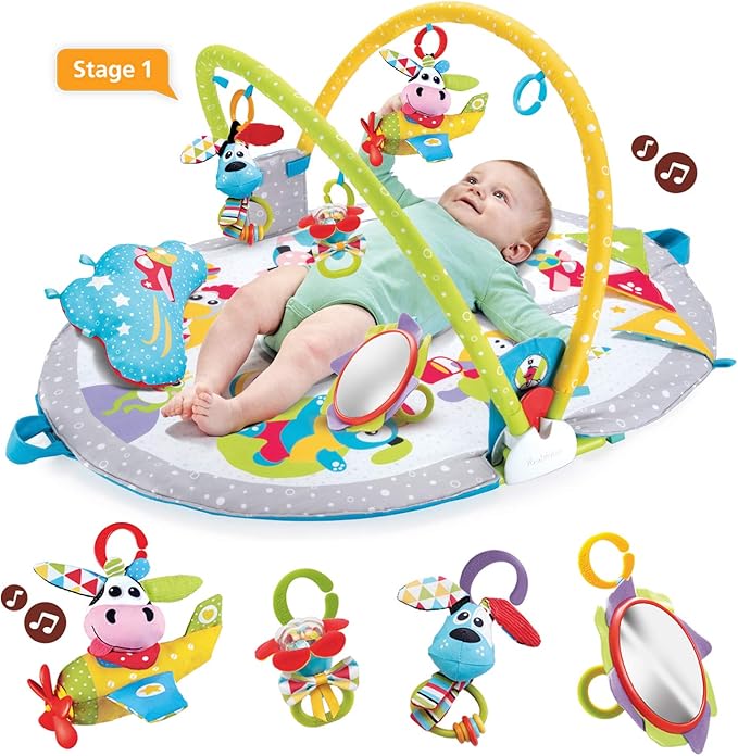 Yookidoo Baby Gym Lay to Sit-Up Playmat. 3-in-1 Newborns Activity Center with Tummy Time Toys, Pillow & Infant Miror. 0-12 Month