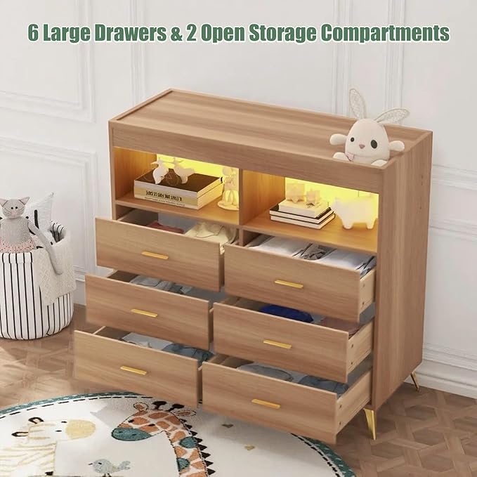 Changing Table Dresser with Drawers, Baby Dresser with Changing Table Top, Power Outlet, LED Light & Metal Feet, Diaper Changing Station Nursery Organizer for Infants Newborn (Natural)