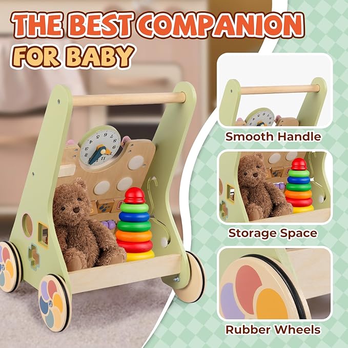 Wooden Baby Walker for 6-12 Months, Montessori Walker Push Toy for Toddlers Learning to Walk, Push Walker Baby Activity Center for Boys and Girls