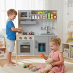 HONEY JOY Kids Kitchen Playset, Wooden Play Kitchen for Toddlers, Microwave, Range Hood, Ice Maker, 18 Cooking Accessories, Little Chef Pretend Play Toy Kitchen Set, Gift for Boys Girls, Gray