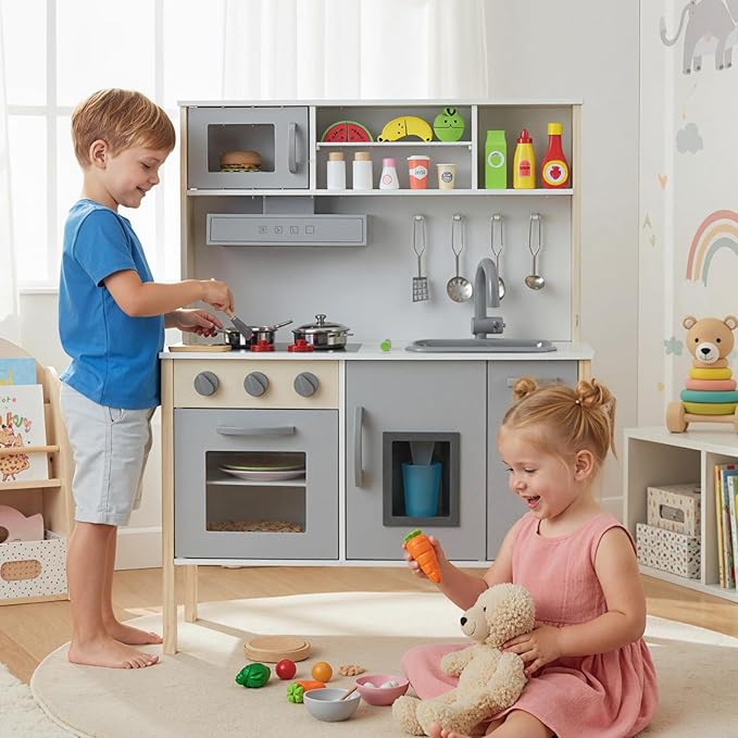 HONEY JOY Kids Kitchen Playset, Wooden Play Kitchen for Toddlers, Microwave, Range Hood, Ice Maker, 18 Cooking Accessories, Little Chef Pretend Play Toy Kitchen Set, Gift for Boys Girls, Gray