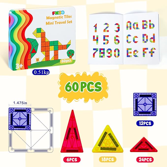 FNJO Mini Magnetic Tiles, Magnet Building Set,60 PCS Building Blocks Set STEM Preschool Montessori Toy for Kids Boys Girls