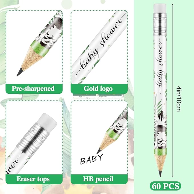 Tinlade 60 Pcs Jungle Animals Baby Shower Golf Pencils with Erasers Small Kids Sharpened Mini Pencils for School in Bloom Baby Shower Supplies
