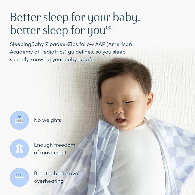 SleepingBaby Zipadee-Zip Transition Swaddle - Cozy Baby Swaddle Blanket with Zipper Convenience - Roomy Wearable Blanket for Easy Diaper Changes - Lavender Check, X-Small (3-6 Month)