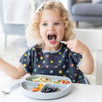 Bumkins Toddler Utensils, Kids Size Fork and Spoon Set, Silicone and Stainless-Steel Training Silverware, Angled Forks / Sporks for Self-Feeding, Children Hold Learning to Eat, 18 Months Up, Gray