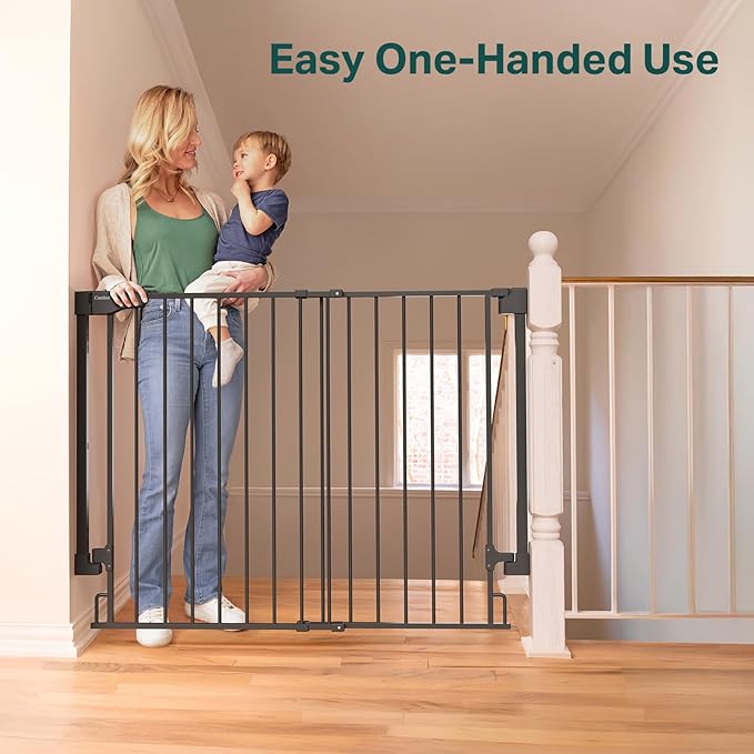Cumbor 34" Extra Tall No Bottom Bar Baby Gate for Stairs, Auto Close Dog Gate Indoor for Larger Pets, 29.2-43" Hardware Mounted Safety Gate for Doorways, Wide Walk Thru Door for Easy Access (Black)