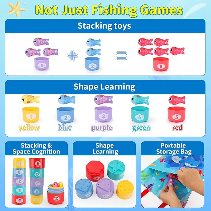 Montessori Cloth Fishing Game Toy for Kids, 23PCS Stacking Cups with Numbers Counting, Color Sorting & Shape Learning, Toddler Educational Toys for Babies, Birthday Easter Gift for Boys Girls