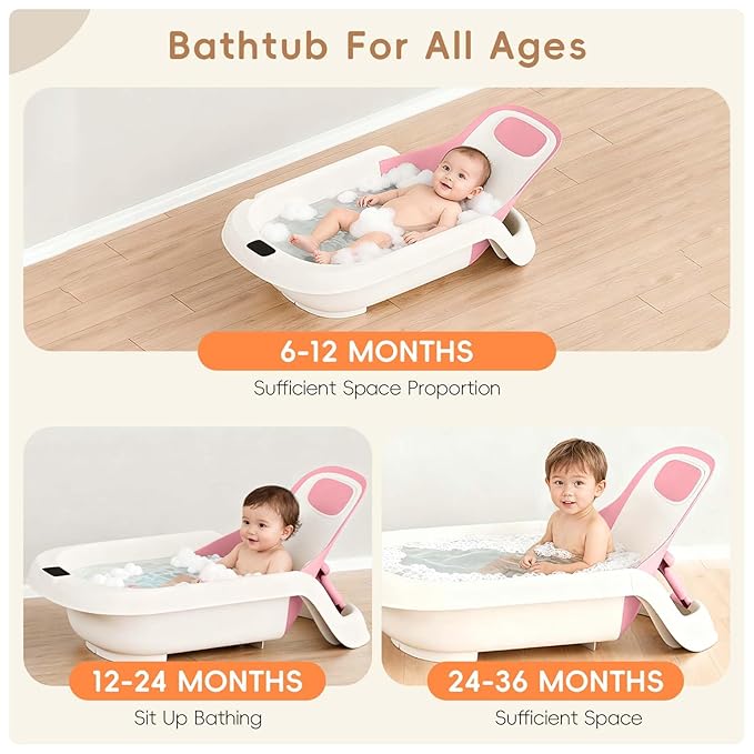 Baby Bathtub for Newborn to Toddler, Reclining Newborn Bathtub, Adjustable Baby Tub with Drain Plug, Bath Kneeler Pad & Clean Rinse Cup, 0-36 Months (Pink)