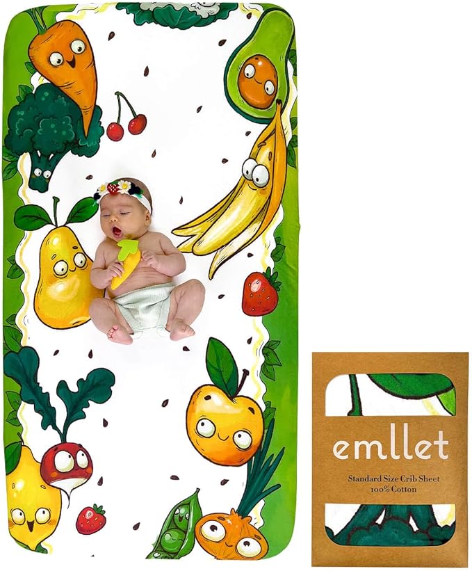 100% Cotton Fitted Crib Sheet, Happy Harvest Fruit and Veggie Theme, Breathable Baby Nursery Bedding, Standard 52 x 28 in Crib Fit