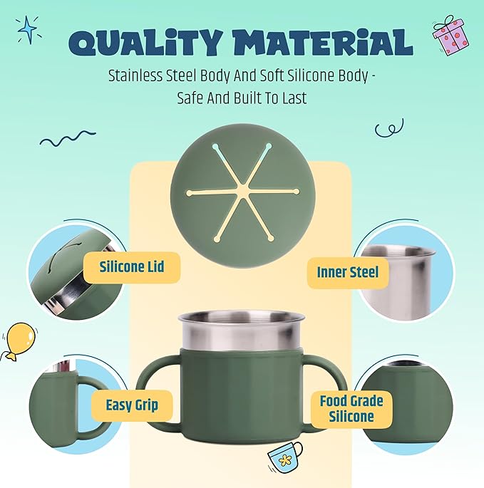 Jumble Dream Stainless Steel Baby Snack Cup for Toddlers Kids – Spill-Proof Silicone Snack Container – BPA-Free Non-Toxic Dishwasher Safe Food-Grade Stainless Steel for Baby Snacks 6m+ to 3+ Years