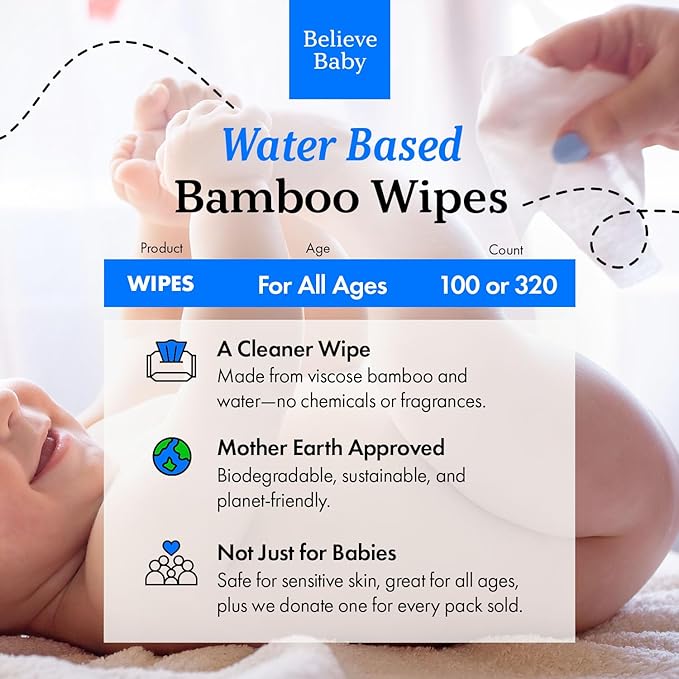 Believe Viscose Bamboo Baby Wipes 80pc x 4 Packs (320ct), Multi-Use Water Based Wipes Baby Sensitive Skin, Hypoallergenic and Fragrance Free for Babies – Gentle Plant-Based Viscose Bamboo Wet Wipe