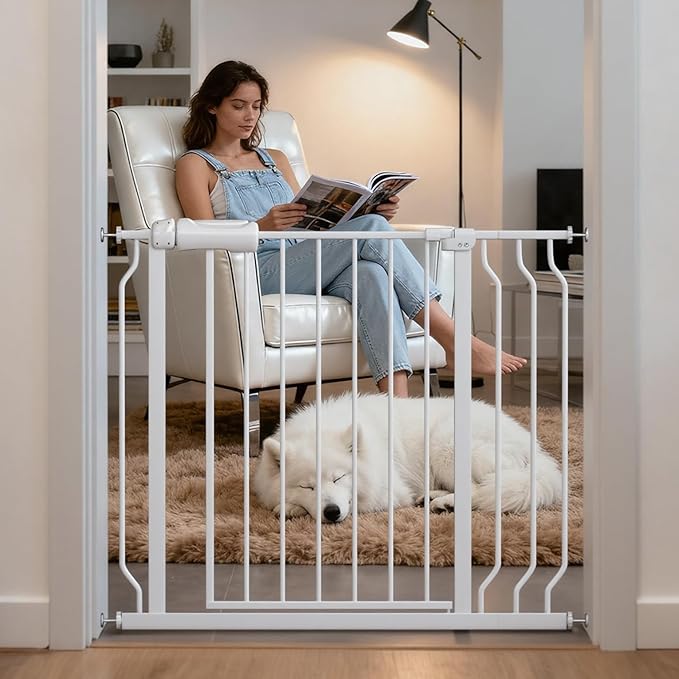 TSAYAWA Extra Wide Baby Gate with Door,33.8-38.5 Inch Walk Through Large Long Child Gates for Stair Doorway - Indoor Outdoor Safty Gate for Toddler Pet Dog Doggie White